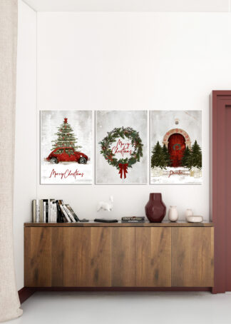 ZESTAW PLAKATÓW ŚWIĄTECZNYCH CZERWONE AUTKO 3 sztuki 50x70 cm
