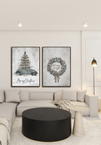 ZESTAW PLAKATÓW ŚWIĄTECZNYCH szaro-niebieskie autko i wianek 2 sztuki 70x100cm