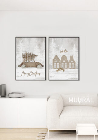 ZESTAW PLAKATÓW BEŻOWE DOMKI I SAMOCHODZIK 2 sztuki 50x70cm