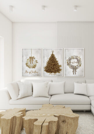ZESTAW PLAKATÓW BEŻOWO-ZŁOTYCH CHOINKA, WIANEK, BOMBKA 3 sztuki 50x70cm